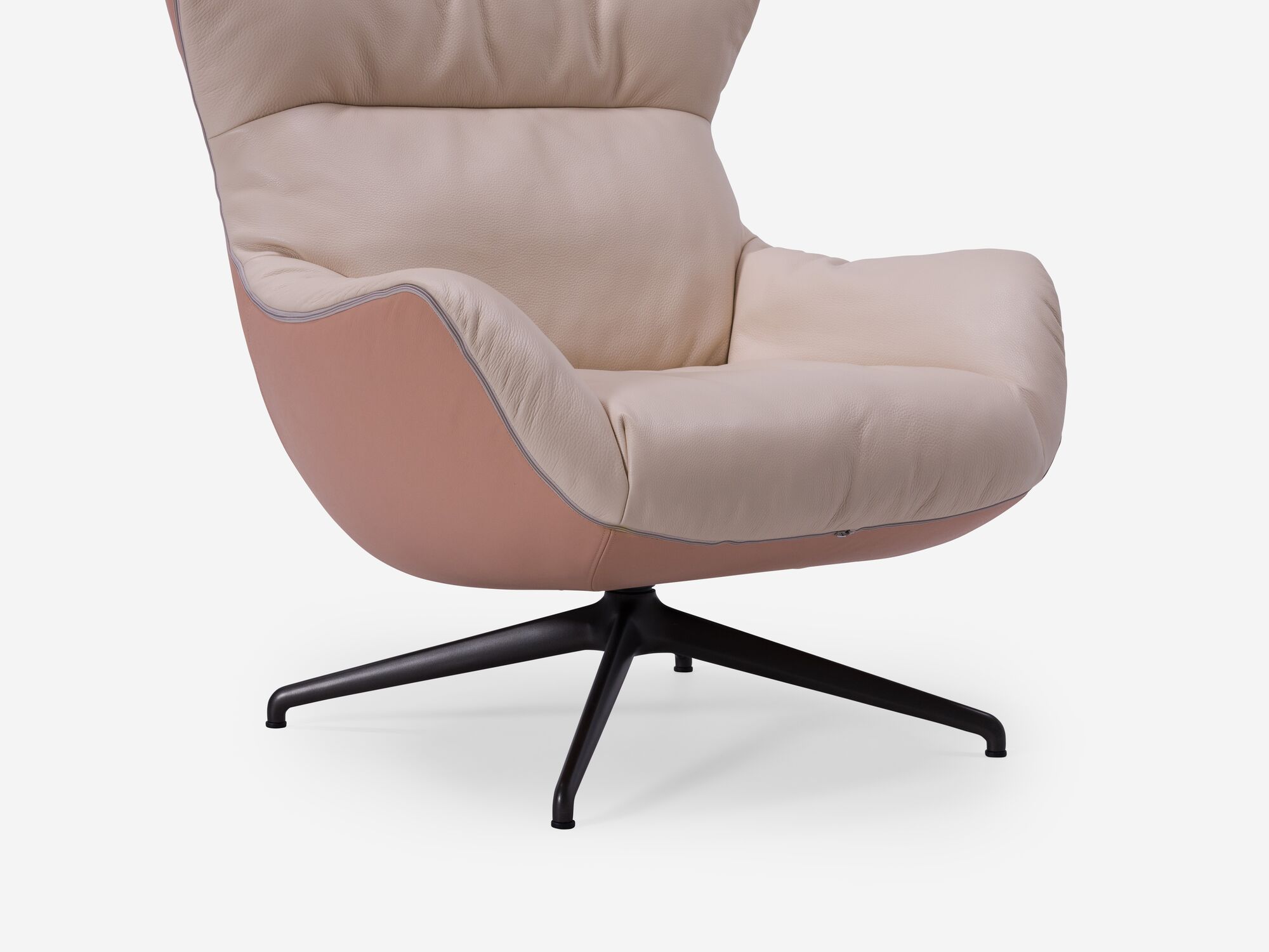 Pink custom upholstered swivel chair front angle detail view